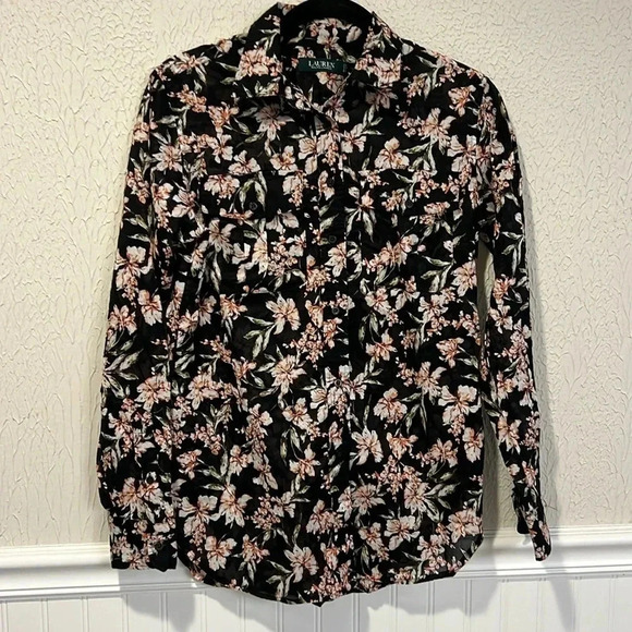 Lauren Ralph Lauren Courtenay black with pink floral design top size small - Picture 3 of 10